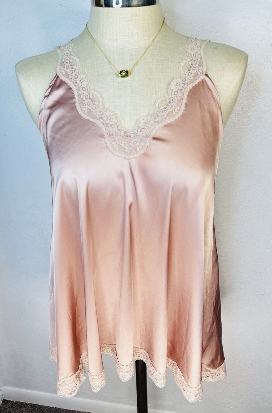 Champagne Pink Satin Feel Cami With Lace Small Medium Summer Festival Lingerie